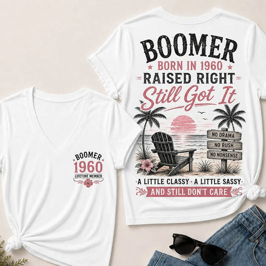 Custom Year Boomer – Born in 1960. Raised Right. Still Got It. V-Neck Tee