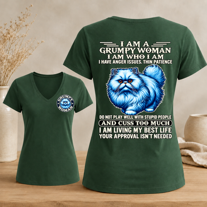 I Am A Grumpy Woman Fluffy Cat shirt,Sarcastic Sayings Graphic Woman's V-neck