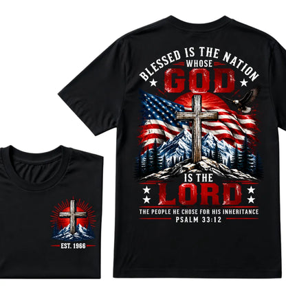 Blessed Is The Nation Whose God Is The Lord Psalm 33:12 EST.Year Patriotic Christian USA Flag EagleT-Shirt
