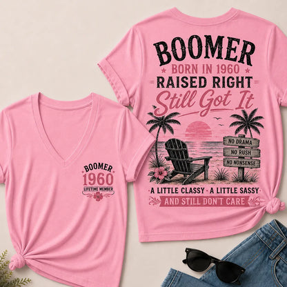 Custom Year Boomer – Born in 1960. Raised Right. Still Got It. V-Neck Tee