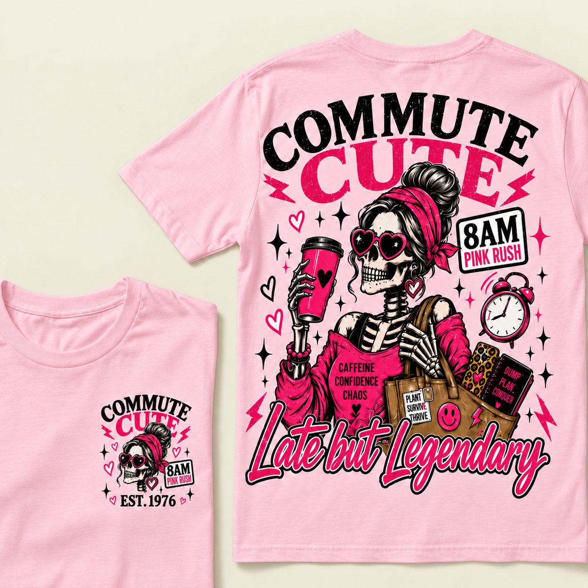Custom Year Commute Cute 8Am Pink Rush Caffeine Confidence Chaos Plant Survive Thrive Dump Plan Conquer Late But LegendaryT-shirt