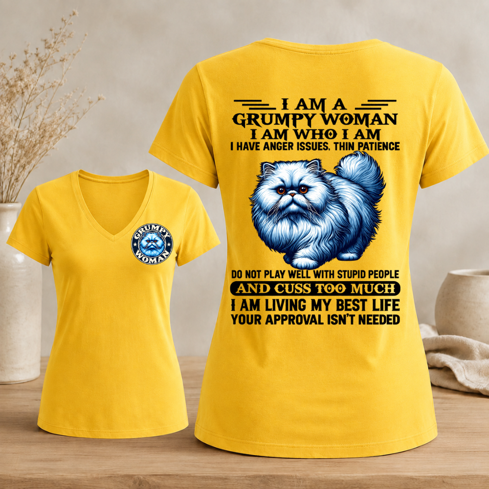 I Am A Grumpy Woman Fluffy Cat shirt,Sarcastic Sayings Graphic Woman's V-neck