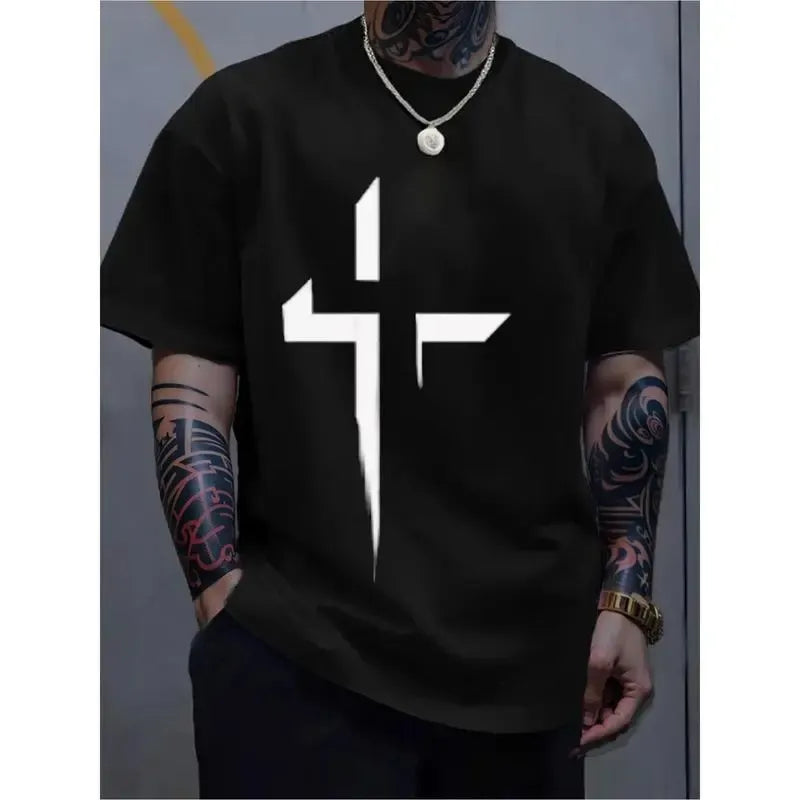 Men-s-Round-Neck-Short-Sleeve-Minimalist-Cross-Print-T-Shirt