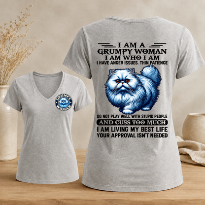 I Am A Grumpy Woman Fluffy Cat shirt,Sarcastic Sayings Graphic Woman's V-neck