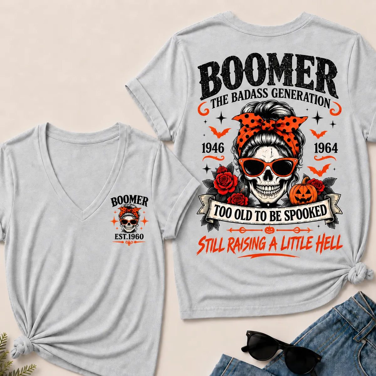 Personalized Boomer Too Old To Be Spooked Halloween V-Neck T-Shirt – Custom Birth Year Skull Tee, The Badass Generation Shirt