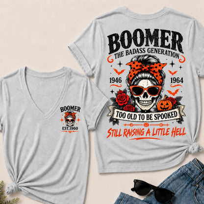 Personalized Boomer Too Old To Be Spooked Halloween V-Neck T-Shirt – Custom Birth Year Skull Tee, The Badass Generation Shirt