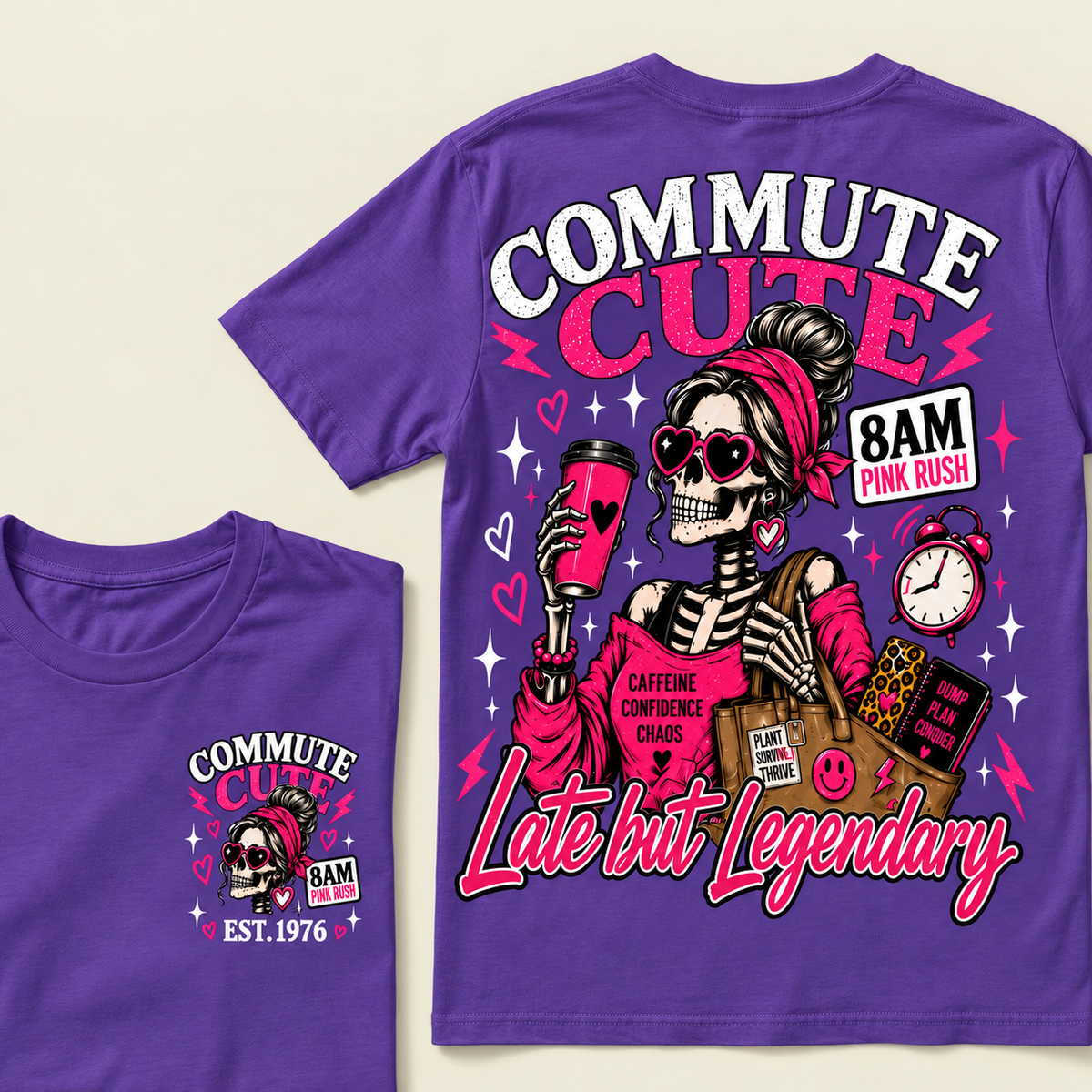 Custom Year Commute Cute 8Am Pink Rush Caffeine Confidence Chaos Plant Survive Thrive Dump Plan Conquer Late But LegendaryT-shirt