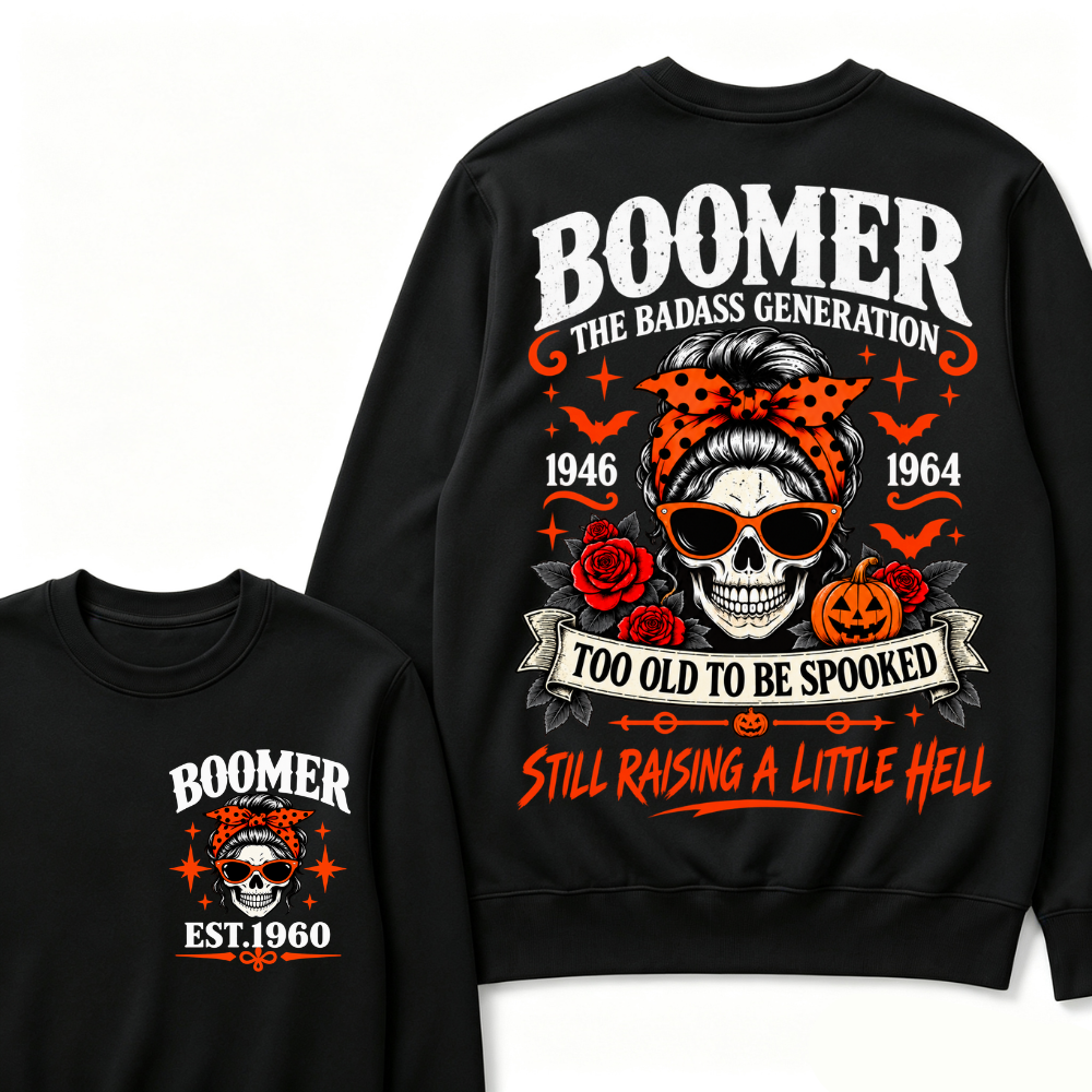 Boomer The Badass Generation 1946-1964 Too Old To Be Spooked Still Raising A Little Hell Halloween Skull Sweatshirts, Boomer EST.Year Front Back Print Sweatshirts