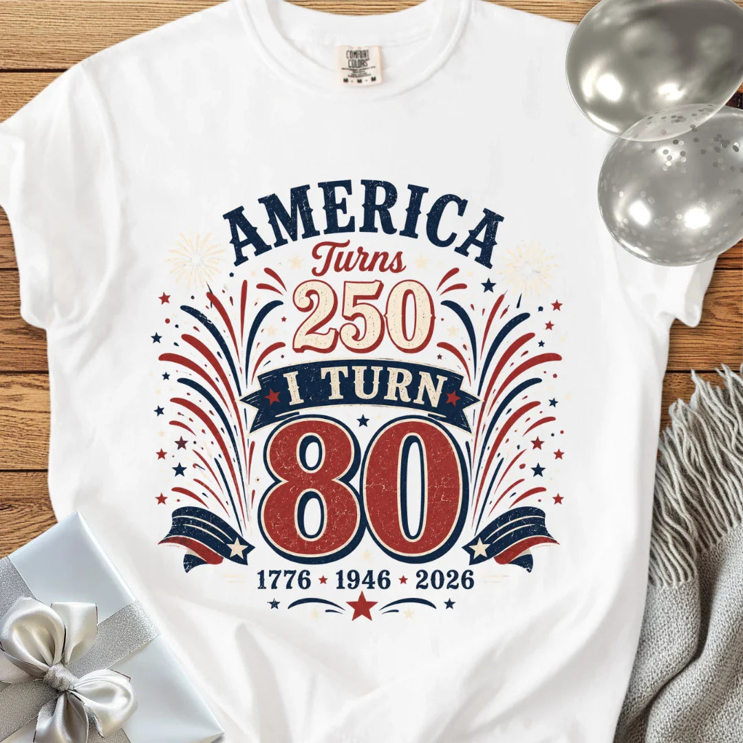 America Turns 250, I Turn 80 - Premium America 250 Birthday T-Shirt