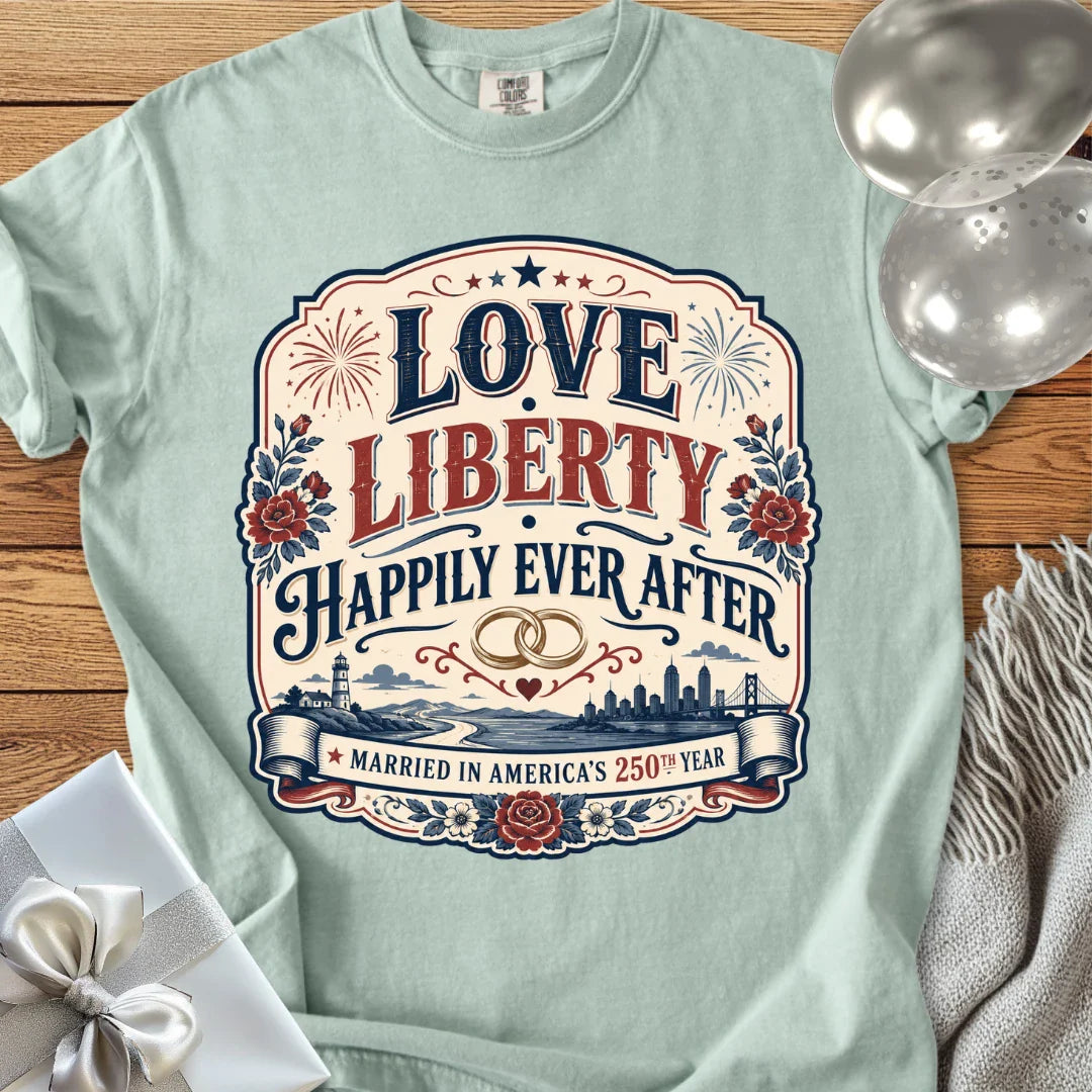 Love & Liberty 'Happily Ever After', Married in America's 250th Year - Premium America 250 Wedding T-Shirt