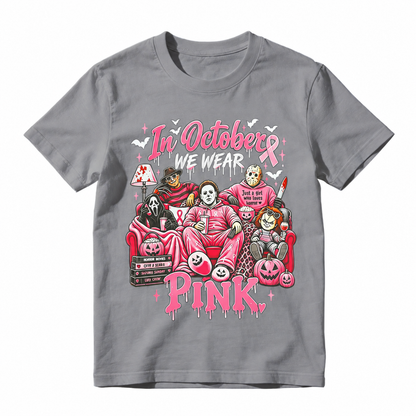 In October We Wear Pink Horror Movie Characters Print Breast Cancer Awareness Graphic T-Shirt