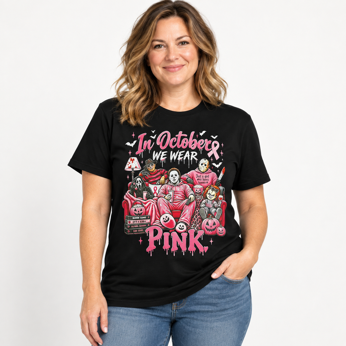In October We Wear Pink Horror Movie Characters Print Breast Cancer Awareness Graphic T-Shirt