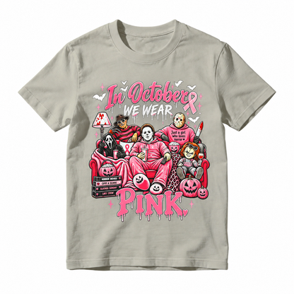 In October We Wear Pink Horror Movie Characters Print Breast Cancer Awareness Graphic T-Shirt