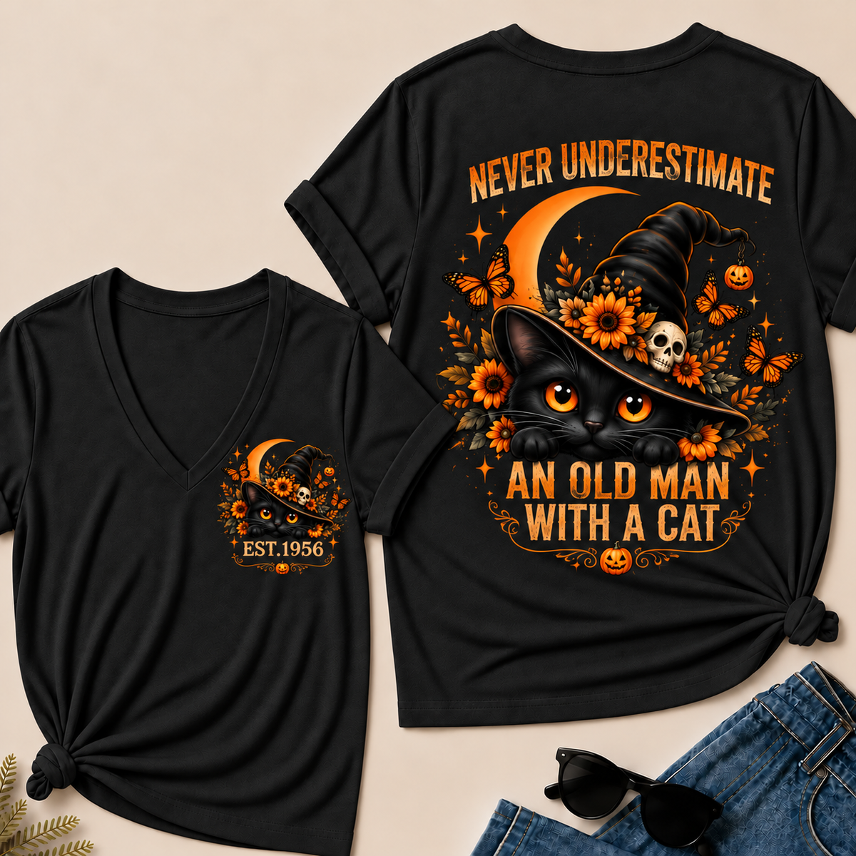 Never Underestimate An Old Man With A Cat EST.Year V-Neck Tee