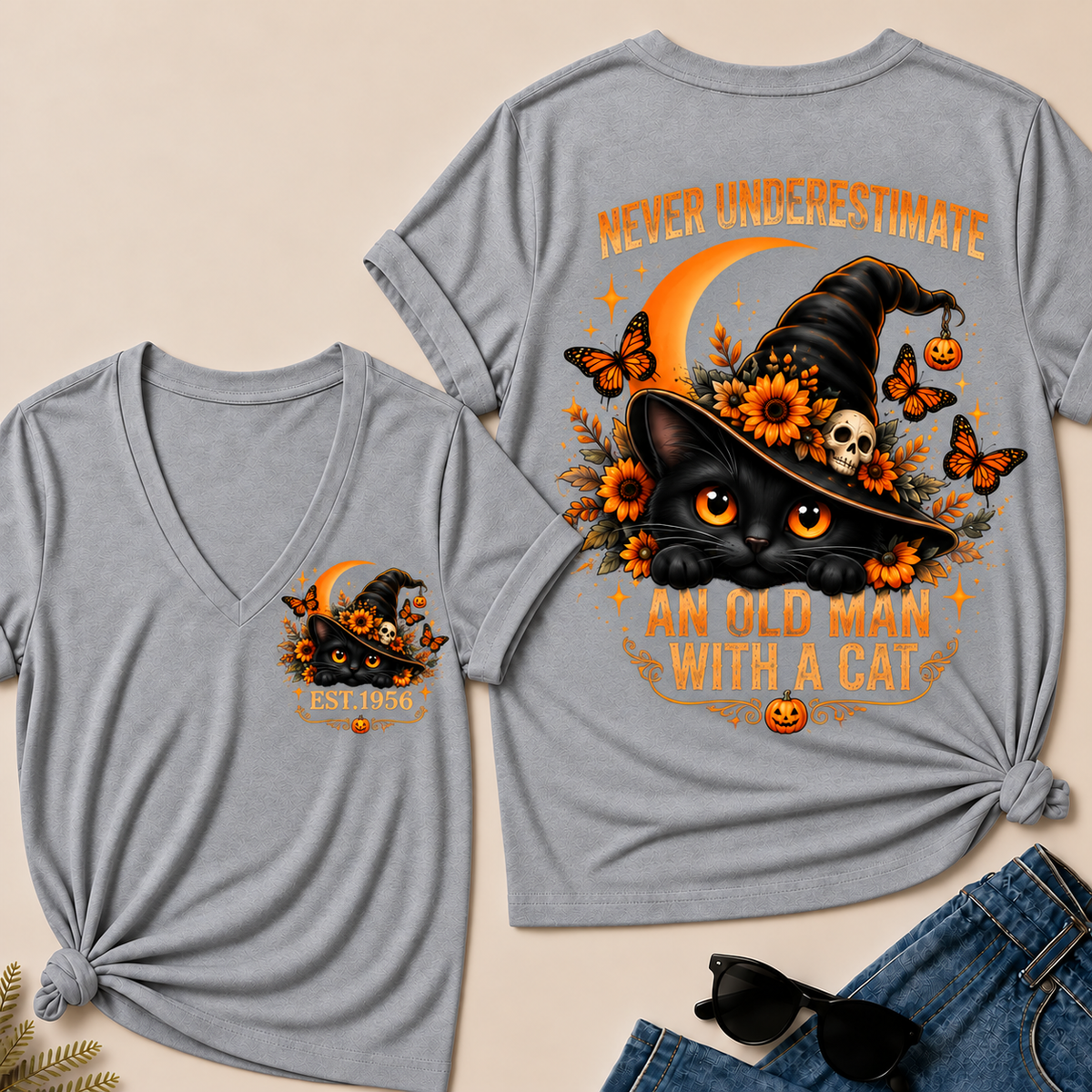 Never Underestimate An Old Man With A Cat EST.Year V-Neck Tee