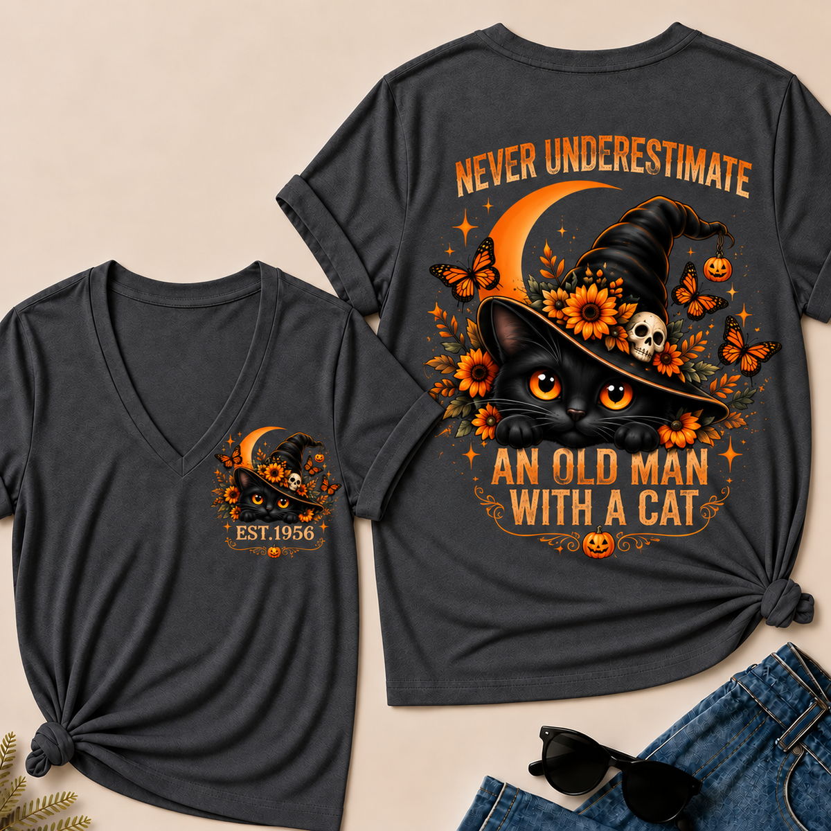 Never Underestimate An Old Man With A Cat EST.Year V-Neck Tee