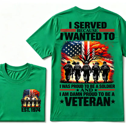 I Served Because I Wanted To I Was Proud To Be A Soldier And I Am Damn Proud To Be A Veteran American Flag Soldier EST.Year T-Shirt