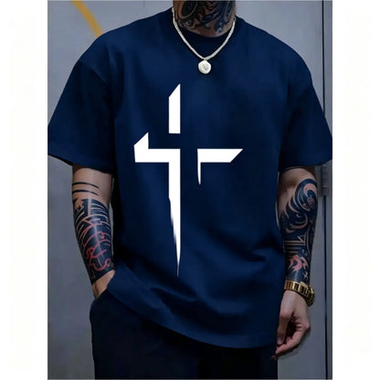 Men-s-Round-Neck-Short-Sleeve-Minimalist-Cross-Print-T-Shirt