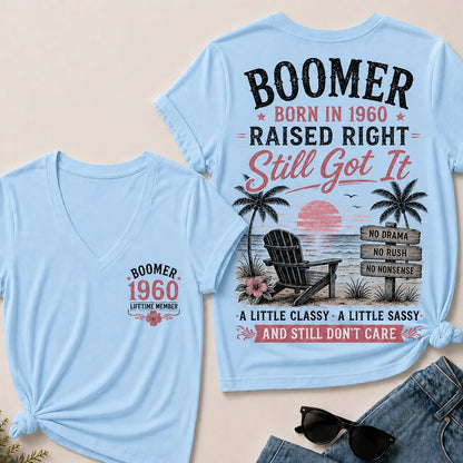 Custom Year Boomer – Born in 1960. Raised Right. Still Got It. V-Neck Tee