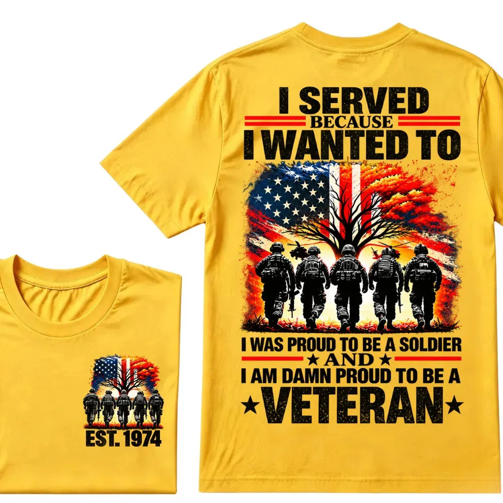 I Served Because I Wanted To I Was Proud To Be A Soldier And I Am Damn Proud To Be A Veteran American Flag Soldier EST.Year T-Shirt