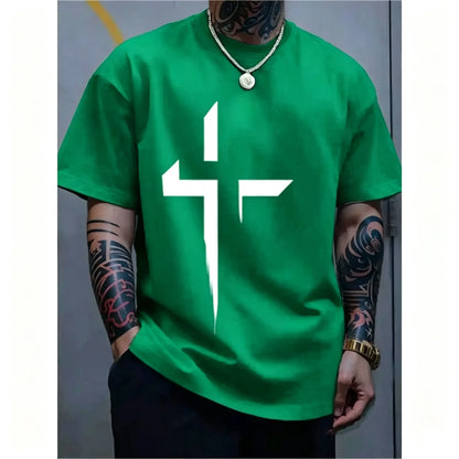 Men-s-Round-Neck-Short-Sleeve-Minimalist-Cross-Print-T-Shirt
