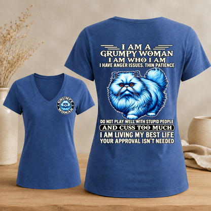 I Am A Grumpy Woman Fluffy Cat shirt,Sarcastic Sayings Graphic Woman's V-neck
