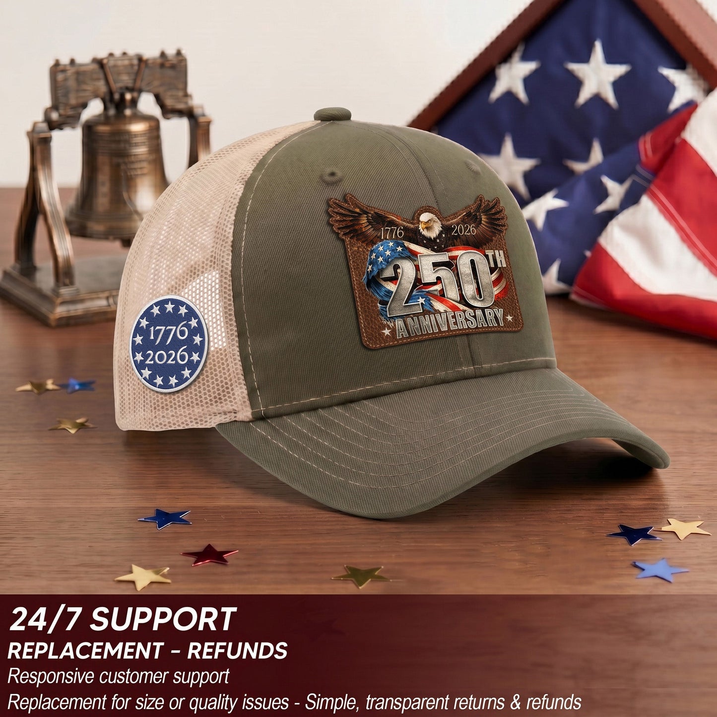 US 250th Anniversary Leather Patch Hat Patriotic Eagle Trucker Cap