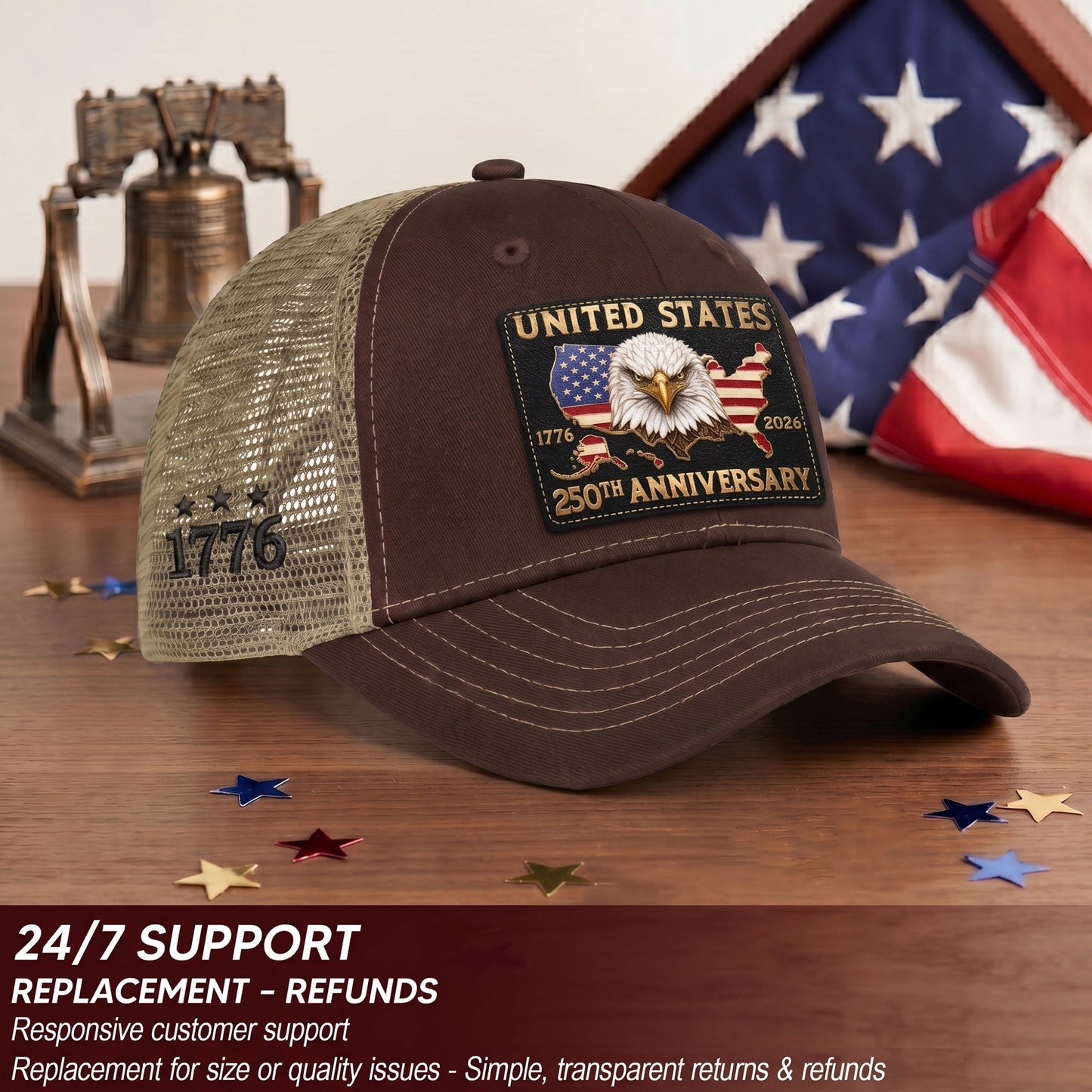 US 250th Anniversary Trucker Hat Vintage American Eagle Leather Patch Brown Cap