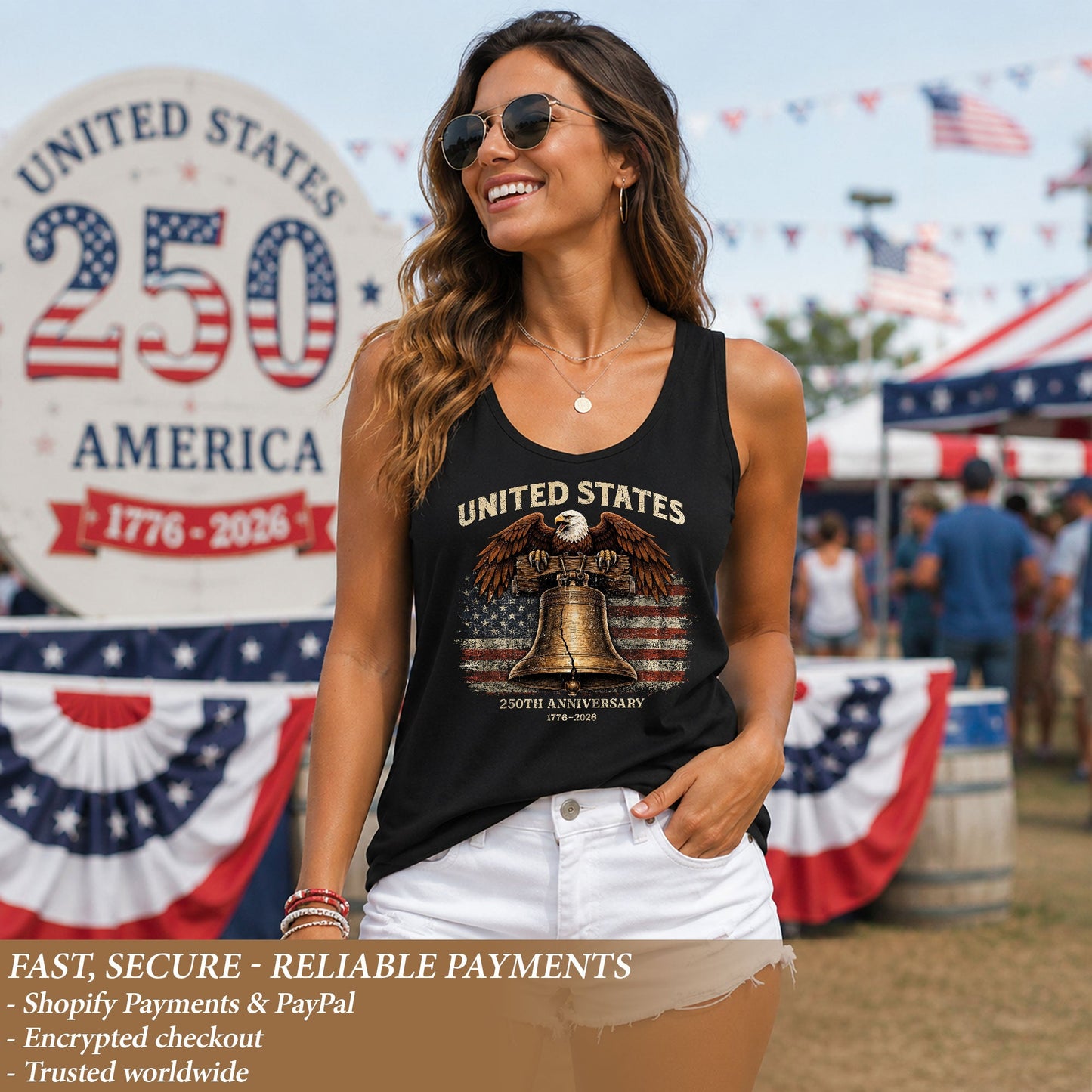 United States 250th Anniversary Tank Top Women Liberty Bell Patriotic Eagle Shirt