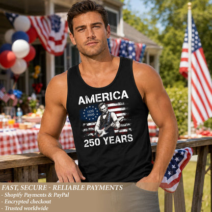 Retro Lincoln Guitar Flag Tank Top 1776-2026 Patriotic Vintage Men Graphic Sleeveless Shirt