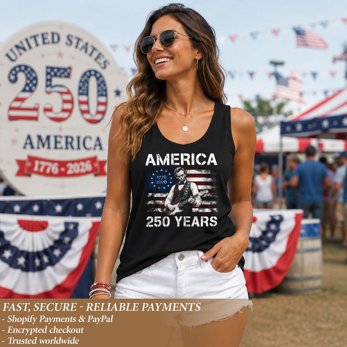 250 Years Tank Top Women America Lincoln Guitar Betsy Ross Flag Patriotic US Shirt