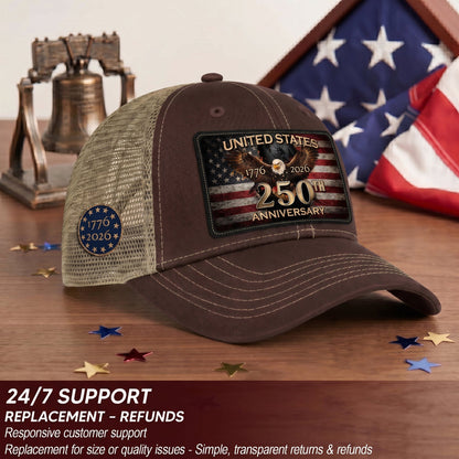 1776-2026 USA Commemorative Leather Patch Trucker Hat Majestic Eagle Mesh Back Cap