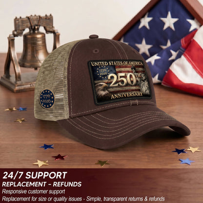 USA 250th Anniversary Leather Patch Trucker Hat Eagle & Statue of Liberty Mesh Cap