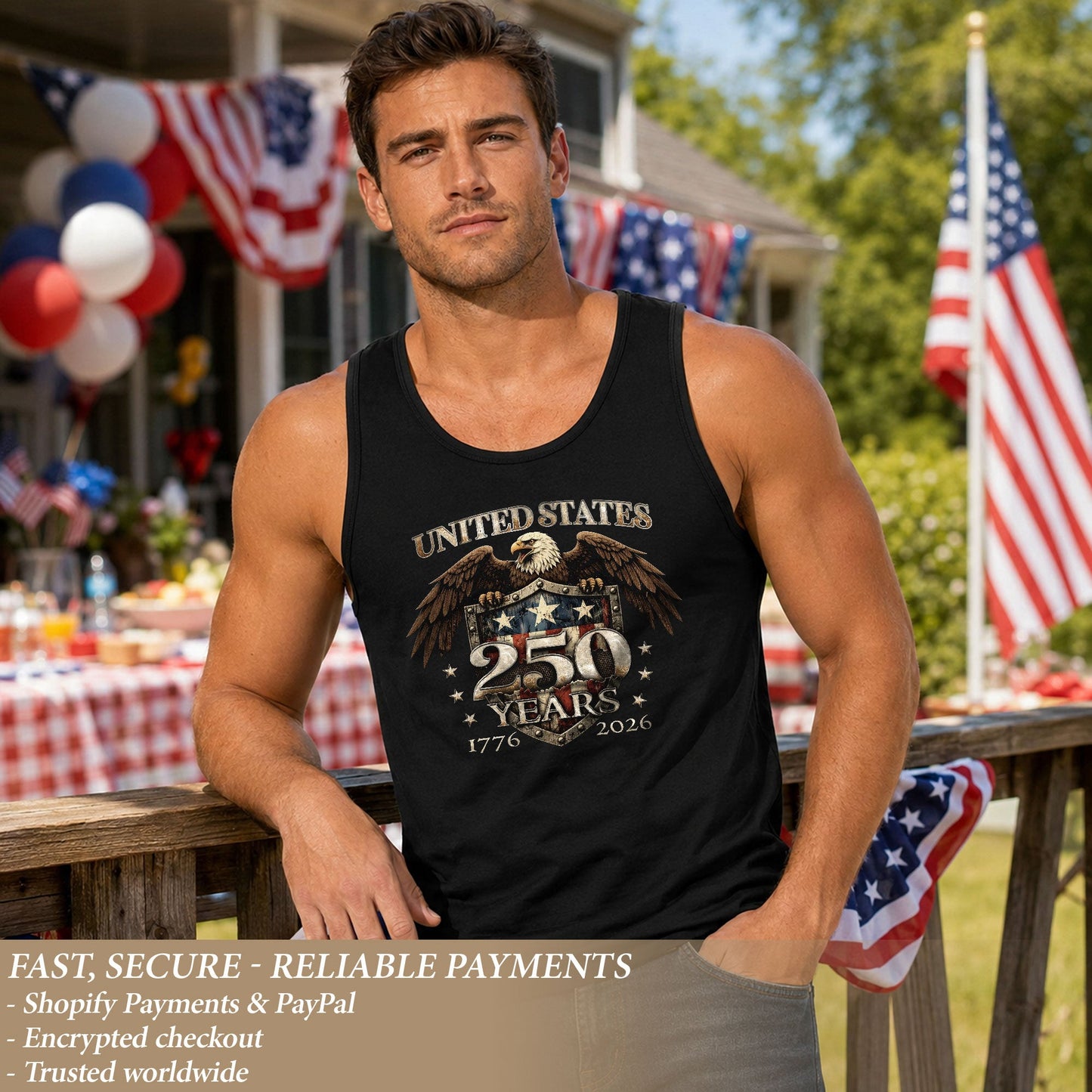 United States 1776-2026 Men Tank Top Patriotic 250 Years Bald Eagle American Flag Shield Shirt