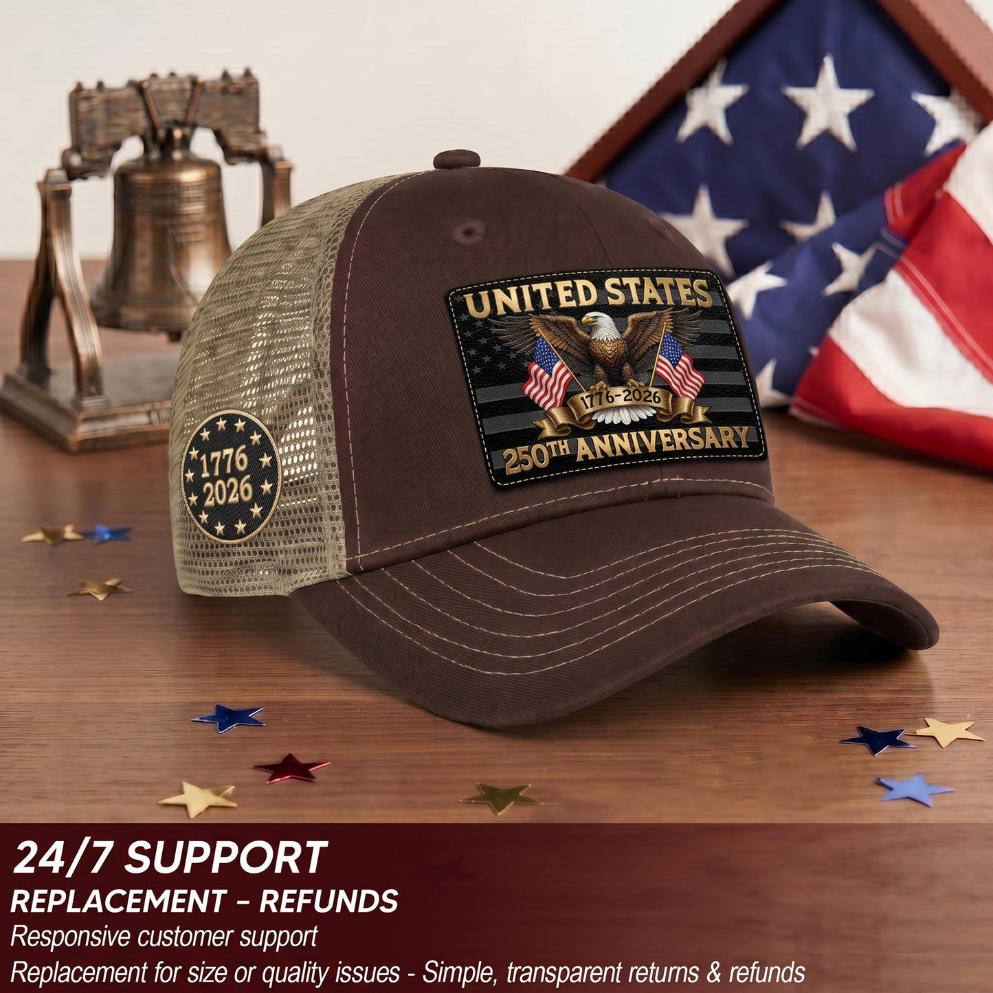 Brown Tan Mesh Back Cap Leather Patch 1776 to 2026 Structured Anniversary Hat