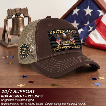 Brown Tan Mesh Back Cap Leather Patch 1776 to 2026 Structured Anniversary Hat