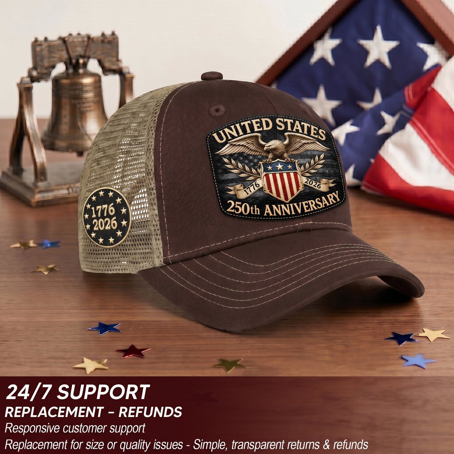 1776 to 2026 Anniversary Brown Tan Mesh Back Hat Leather Patch Trucker Cap