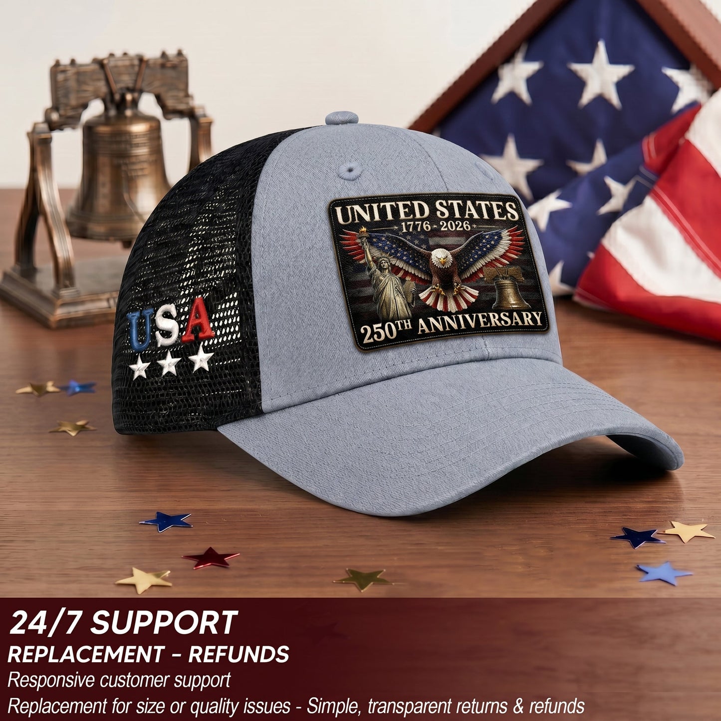 Gray Black Mesh Back Cap Leather Patch 1776 to 2026 Structured Anniversary Hat