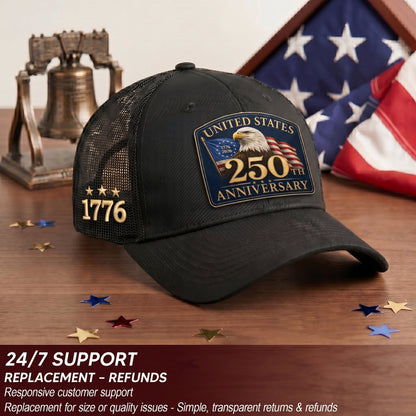 Structured Black Mesh Cap Leather Patch 1776 to 2026 Anniversary Headwear