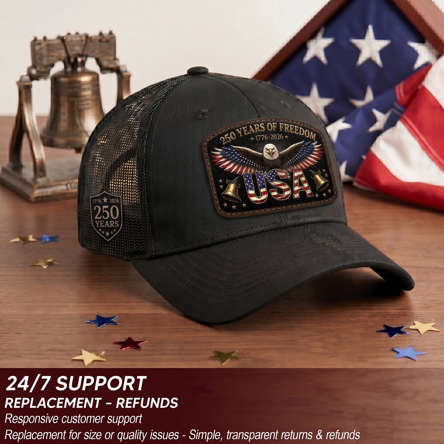 250th Anniversary Freedom Leather Patch Cap - Patriotic Black Trucker Hat