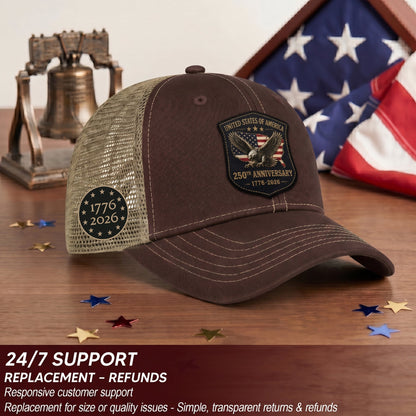 Vintage Style USA 250th Anniversary Leather Patch Hat Patriotic Mesh Back Cap