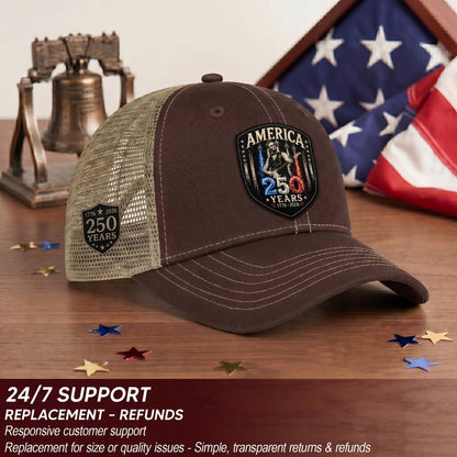 Leather Patch Hat Abraham Lincoln Guitar 1776-2026 Anniversary Cap Patriotic Brown Mesh