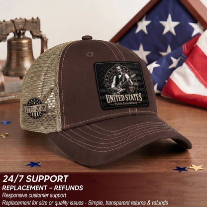 Brown Mesh Cap Abraham Lincoln Guitar 1776-2026 Anniversary Leather Patch Patriotic Hat