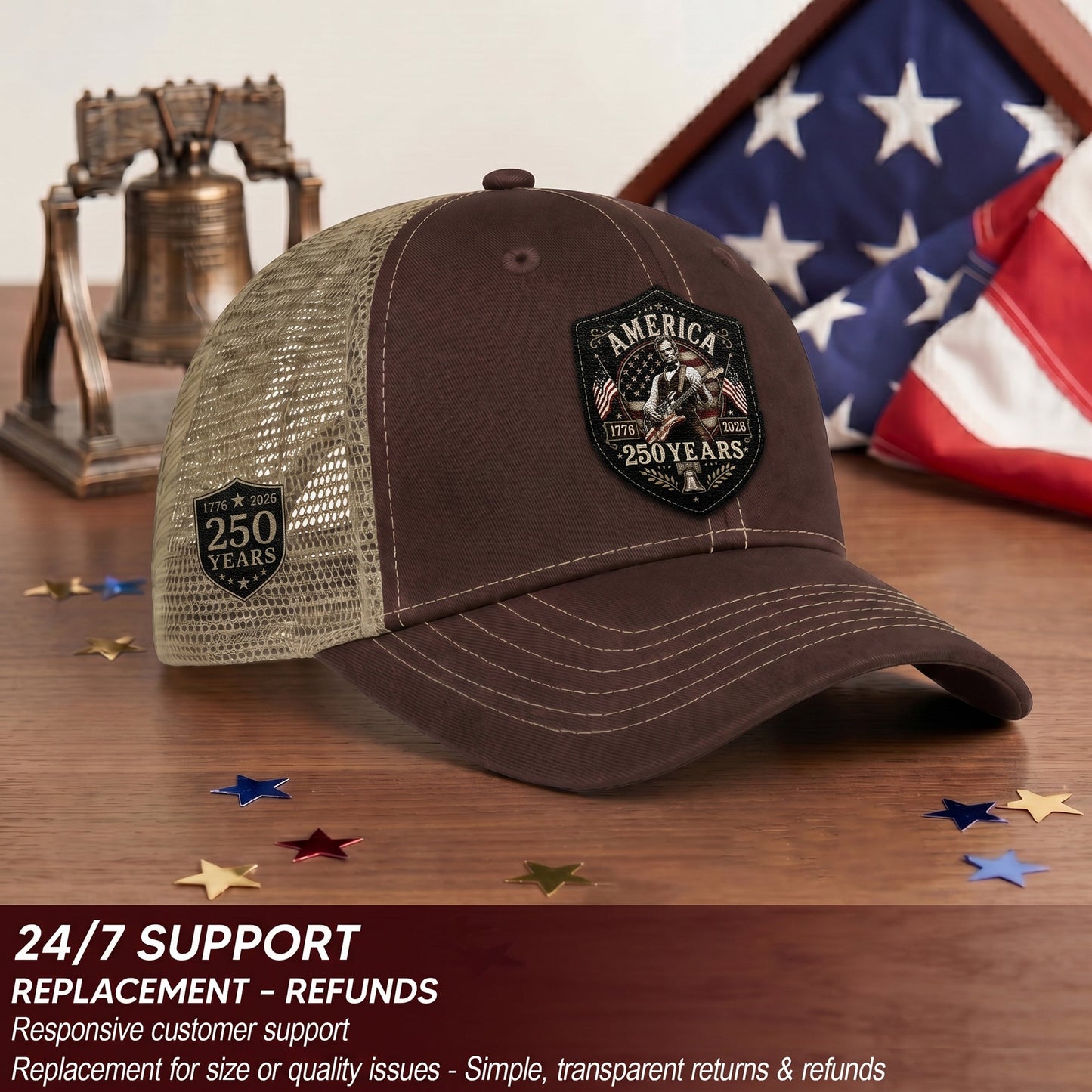 Historic Abraham Lincoln Guitar Leather Patch Cap Patriotic 1776-2026 Brown Mesh Trucker Hat
