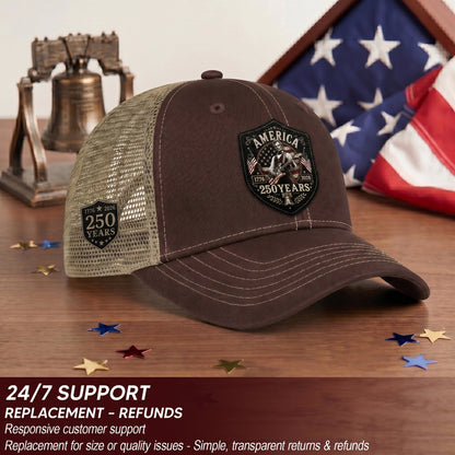 Historic Abraham Lincoln Guitar Leather Patch Cap Patriotic 1776-2026 Brown Mesh Trucker Hat