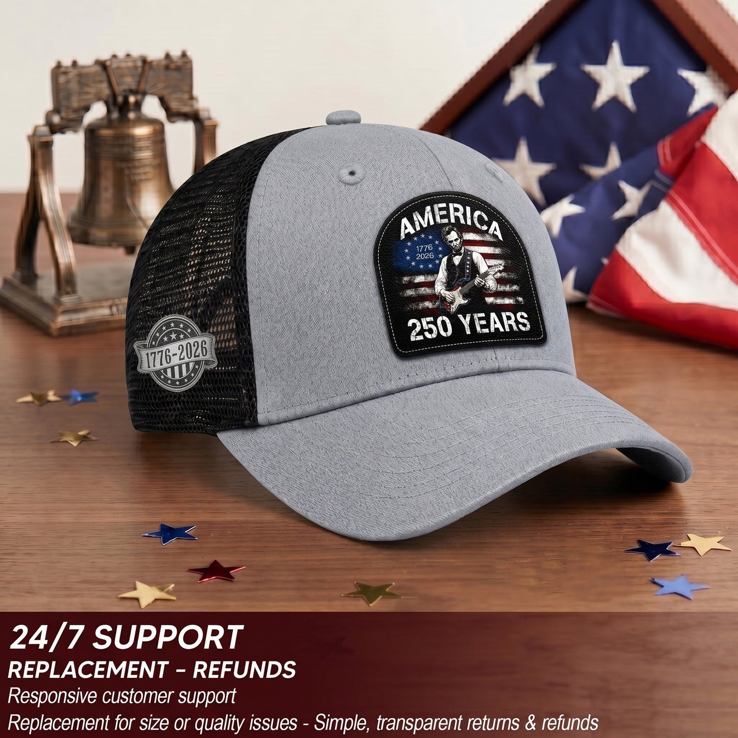 Lincoln Guitar Patch Patriotic Trucker Cap - Premium Mesh Back Hat for USA Anniversary 1776-2026