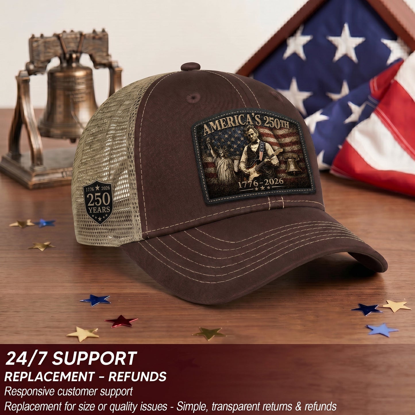 Brown Lincoln Statue Liberty 250th Anniversary Hat 1776-2026 Patriotic Trucker Cap
