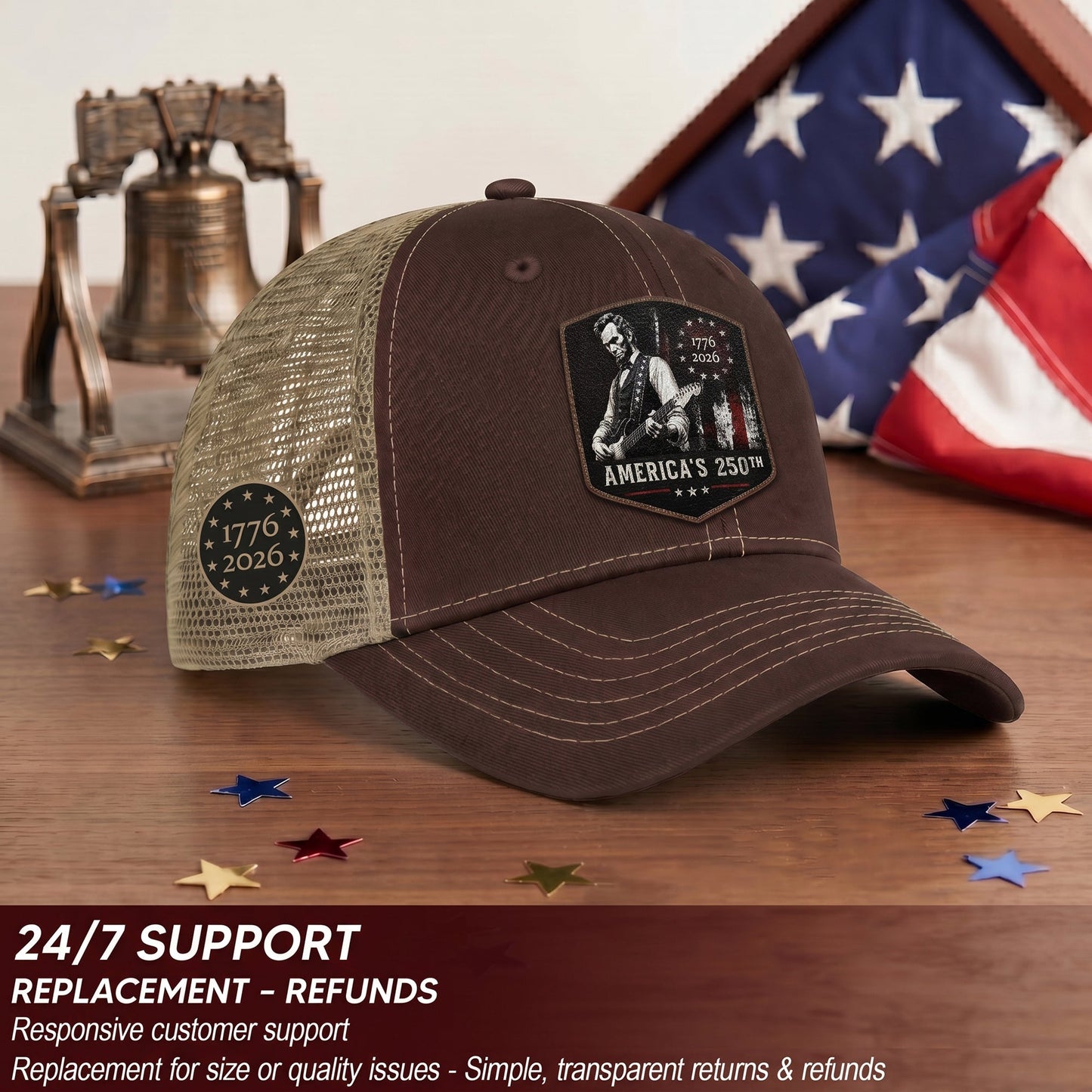 Lincoln Guitar 250th Anniversary Brown Hat 1776-2026 USA Patriotic Trucker Cap