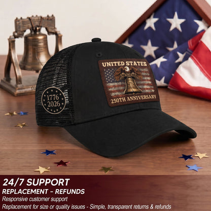 Patriotic Trucker Hat United States 250th Anniversary American Eagle Leather Patch Cap
