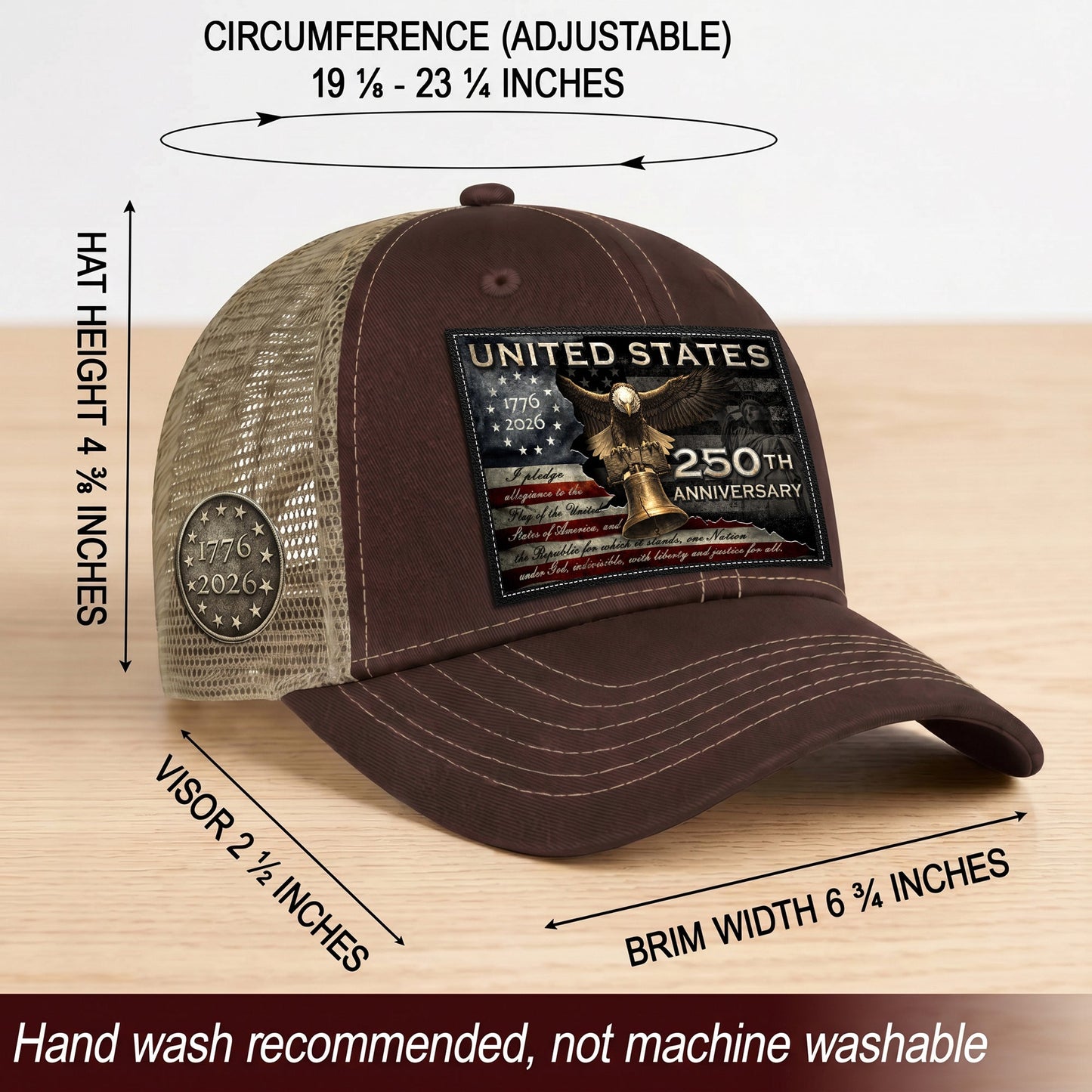 US 250th Anniversary Hat Pledge of Allegiance Liberty Bell Brown Trucker Cap
